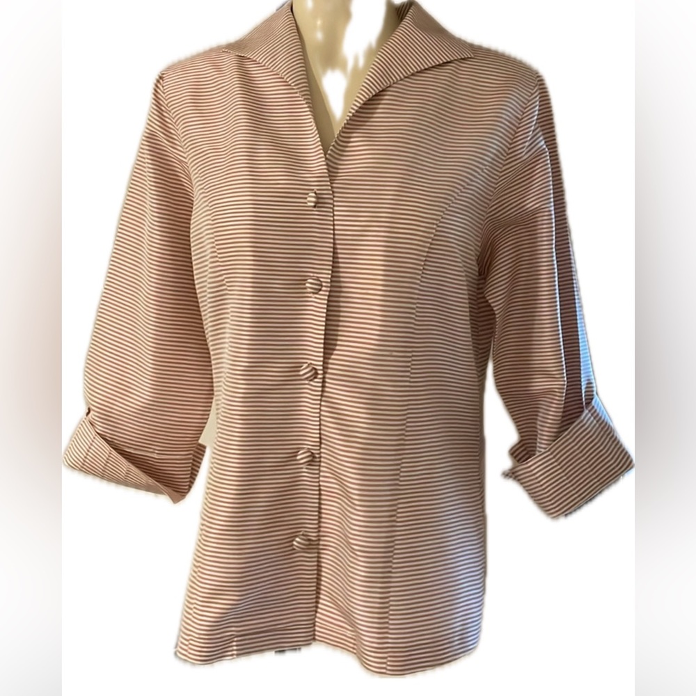 Charlotte Kellogg, Pink & White Pinstripe 100% silk button-down blouse.